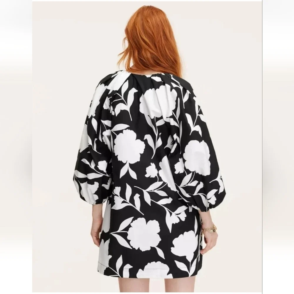 Kate Spade Black and White Floral Long Sleeves V Neck Mini  Dress XS